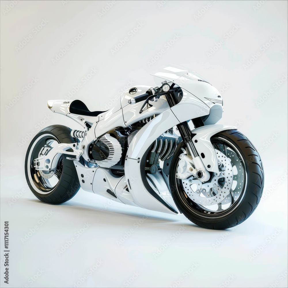 A sleek, futuristic white motorcycle with an aerodynamic design, showcasing modern engineering and style in a minimalist setting. A sleek, futuristic white motorcycle with an aerodynamic design, showcasing modern engineering and style in a minimalist setting.