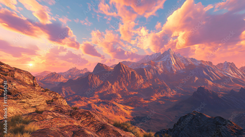 Obraz premium A majestic view of towering mountains against a vibrant sunset sky.