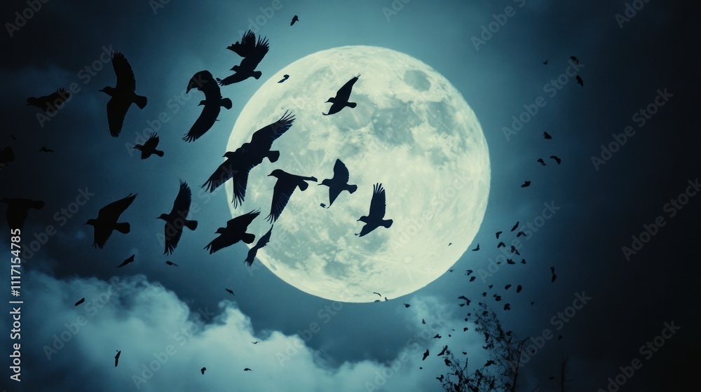 A serene night scene featuring a large moon and silhouettes of flying birds against clouds. A serene night scene featuring a large moon and silhouettes of flying birds against clouds.