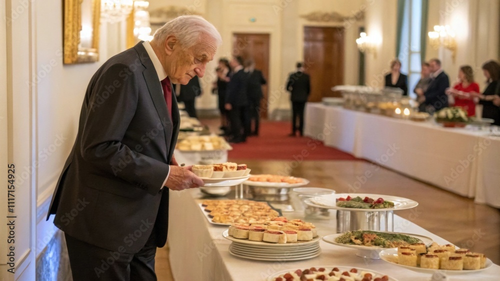 A distinguished senior gentleman in a suit stands proudly beside a beautifully laid buffet table carefully arranging platters of hors doeuvres. His attentive eyes scan the room