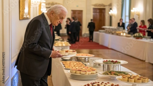 A distinguished senior gentleman in a suit stands proudly beside a beautifully laid buffet table carefully arranging platters of hors doeuvres. His attentive eyes scan the room