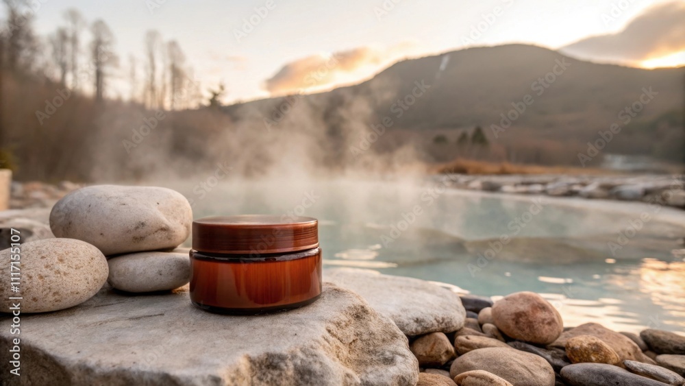 Tranquil spa setting with skincare product by hot springs Tranquil spa setting with skincare product by hot springs