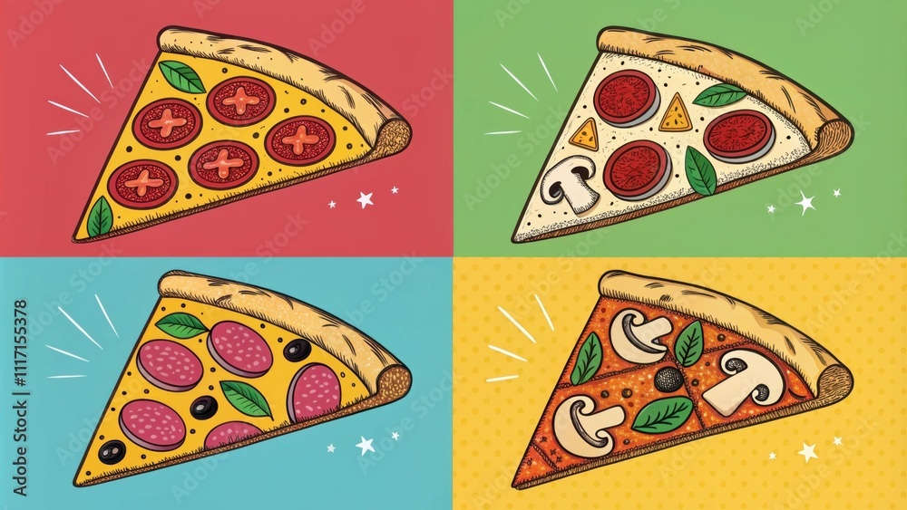 Colorful illustrated pizza slices with various toppings Colorful illustrated pizza slices with various toppings