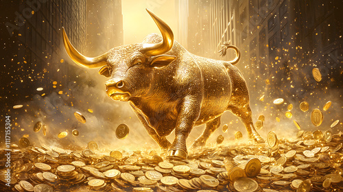 Wall Street bull in full size, all gold glistening in the sun, with many small gold coins lying around him, side view, hyperrealism, soft light, many details, photo photo