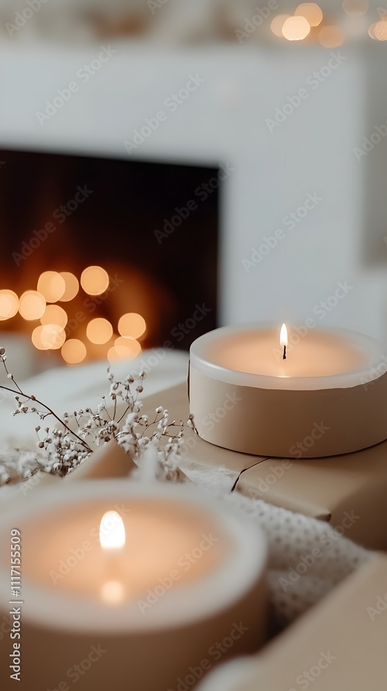 Cozy candles burning near fireplace. Cozy candles burning near fireplace.