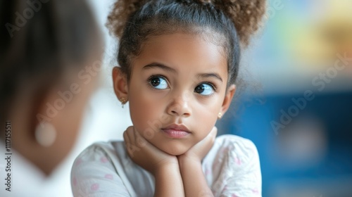 A thoughtful child appears to be listening intently, showcasing curiosity and engagement.