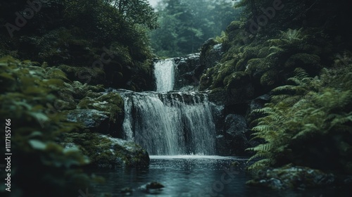 Lush greenery surrounds a cascading waterfall in a tranquil forest setting.