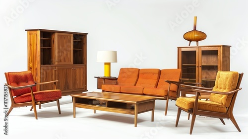 A high-resolution image of mid-century modern furniture isolated on a white background.--ar 16:9 photo