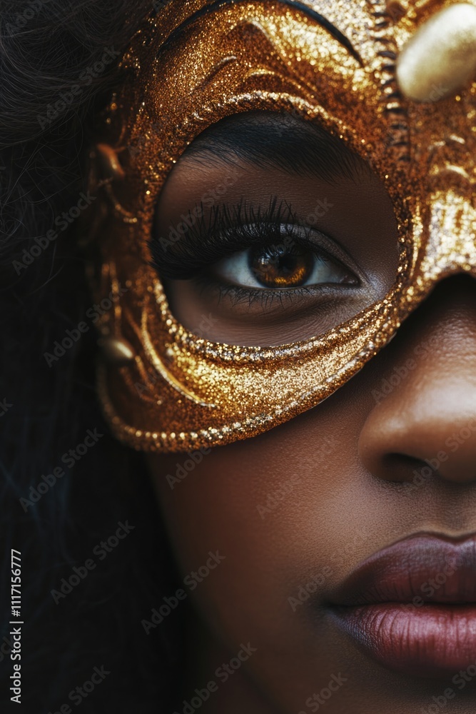 Woman in gold mask close-up Woman in gold mask close-up