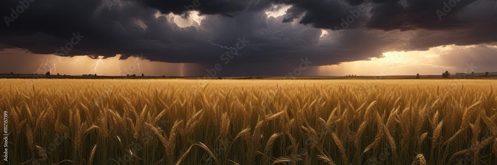 Dark clouds gathering above a field of golden wheat as lightning illuminates the sky at dusk, dark clouds, thunderstorm Dark clouds gathering above a field of golden wheat as lightning illuminates the sky at dusk, dark clouds, thunderstorm