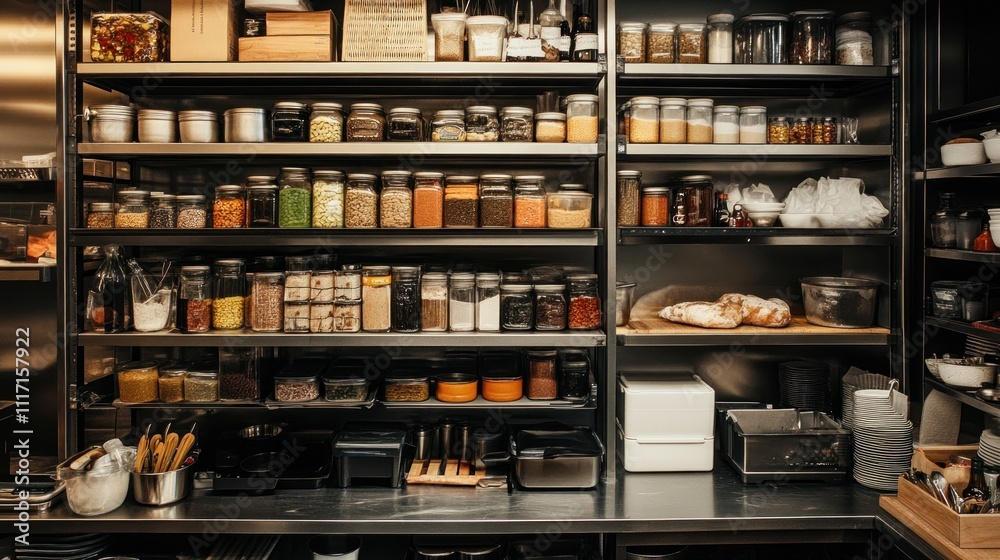 Organized Kitchen Pantry With Glass Jars and Metal Shelves