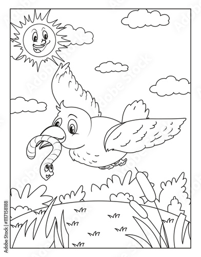 Cartoon illustration Birds bring food coloring page for kids black and white.