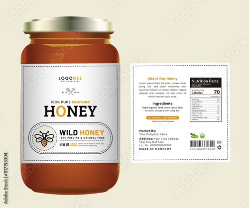 Minimalist honey label design with a bold honey logo and clean organic ingredients list, perfect for bee natural product packaging.