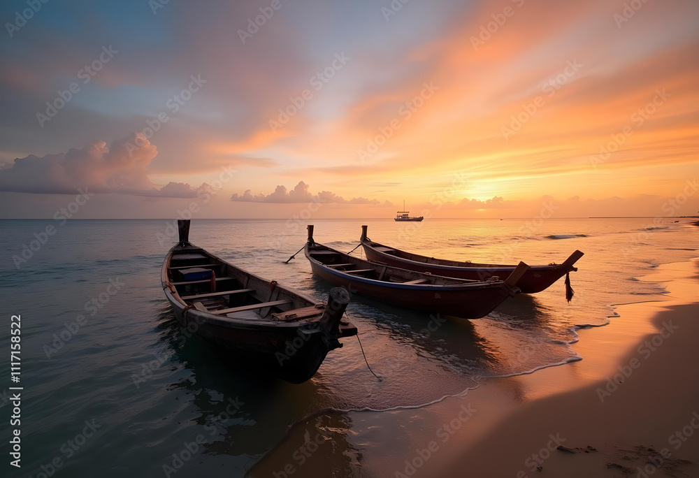 Serene sunset over calm waters with traditional boats on beach. vibrant colors of sky reflect on water, creating peaceful atmosphere Serene sunset over calm waters with traditional boats on beach. vibrant colors of sky reflect on water, creating peaceful atmosphere