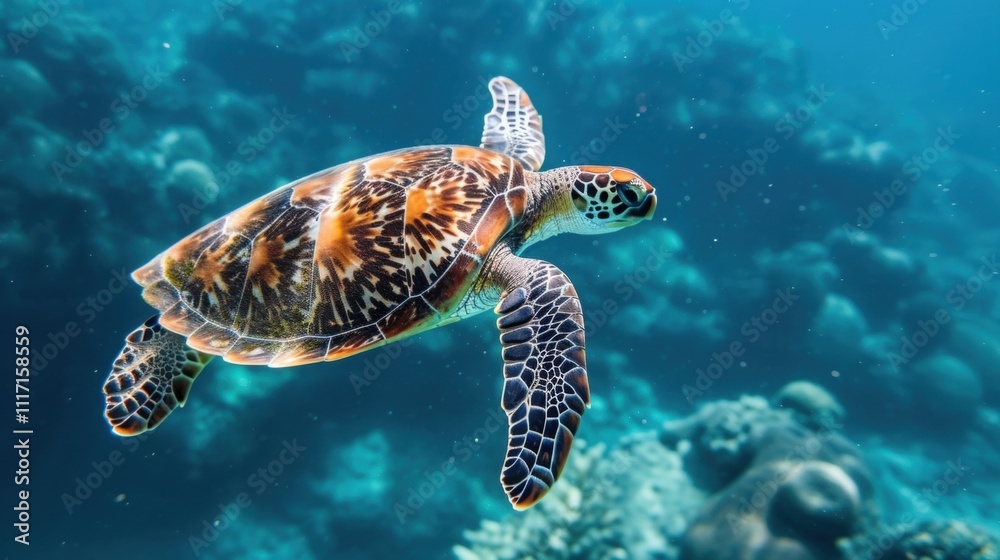 Fototapeta premium A sea turtle swimming near a shipping lane at risk of being struck by a large vessel and suffering serious injuries or death.