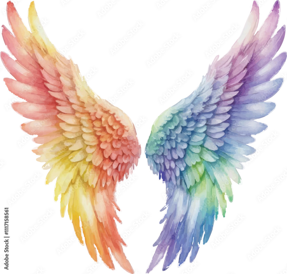 Fototapeta premium A rainbow colored angel wings on a white background