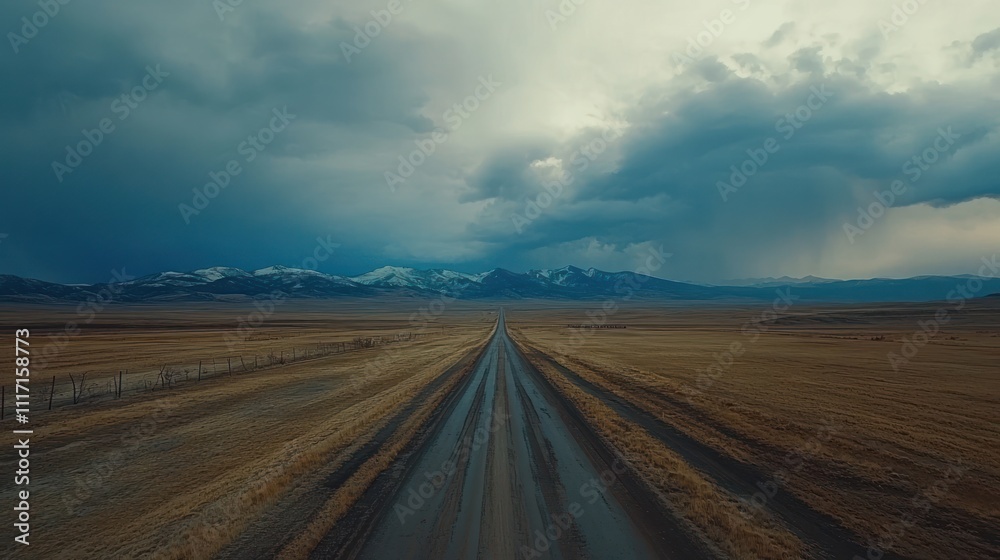 Dramatic clouds over a long, wet road stretching towards distant mountains. Dramatic clouds over a long, wet road stretching towards distant mountains.