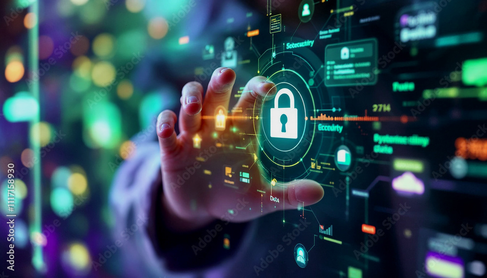 A person's hand touching a digital security interface with various icons representing security, network, and technology concepts