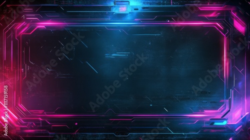 Futuristic neon cyber frame with glowing pink and blue lights on a dark abstract background, symbolizing technology and digital innovation