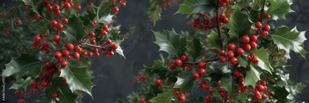 Fototapeta premium Delicate holly branches are intertwined with lush greenery and adorned with bright red berries, decoration, botanical