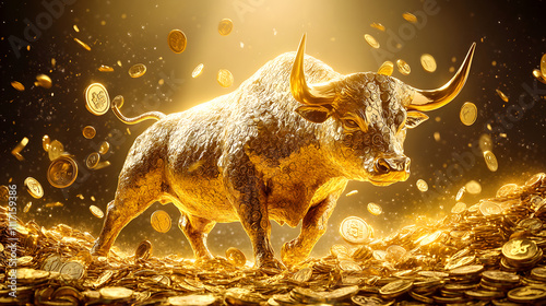 Wall Street bull in full size, all gold glistening in the sun, with many small gold coins lying around him, side view, hyperrealism, soft light, many details, photo photo