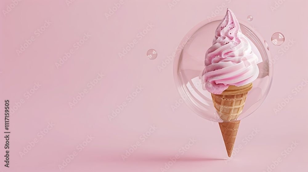 Ice cream cone in a glass bubble on light pink background Ice cream cone in a glass bubble on light pink background