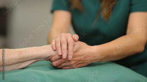 A compassionate healthcare professional holds a patient's hand, symbolizing support and care in a medical setting.