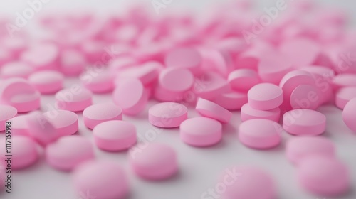 Close-up of pink round candies scattered.