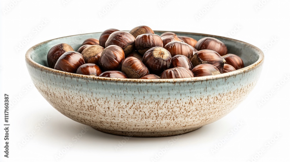Fototapeta premium Roasted chestnuts in a porcelain bowl for snacking on a white background. 