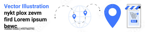 Globe with location pins, blue map marker, storefront icon with shopping cart. Ideal for GPS, navigation, logistics, e-commerce, travel apps, delivery services, online shopping. Landing page