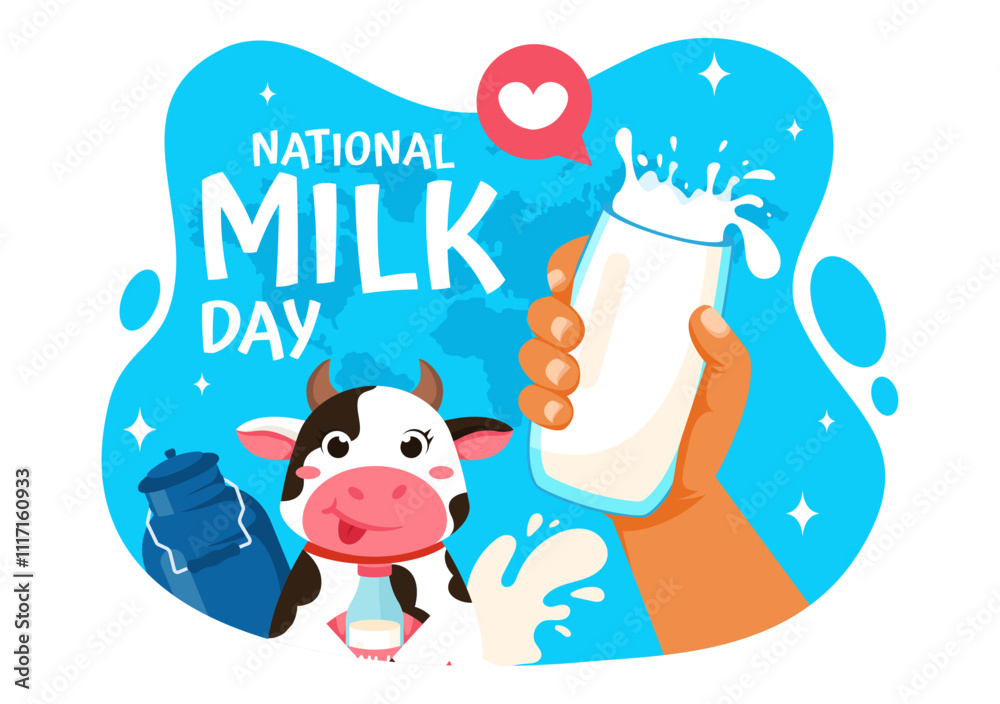 Obraz premium Vector Illustration of National Milk Day Celebration on January 11th, featuring a Milk Bottle and Cute Cow in a Flat Style Cartoon Background