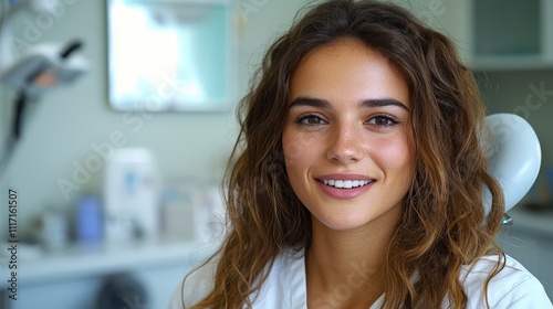 A smiling woman in a dental office, showcasing confidence and a welcoming atmosphere for dental care.