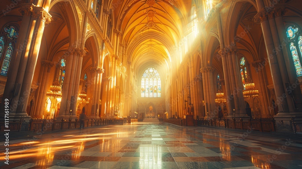 Sunbeams illuminate the grand interior of a cathedral, highlighting its architectural details and stained glass. Sunbeams illuminate the grand interior of a cathedral, highlighting its architectural details and stained glass.