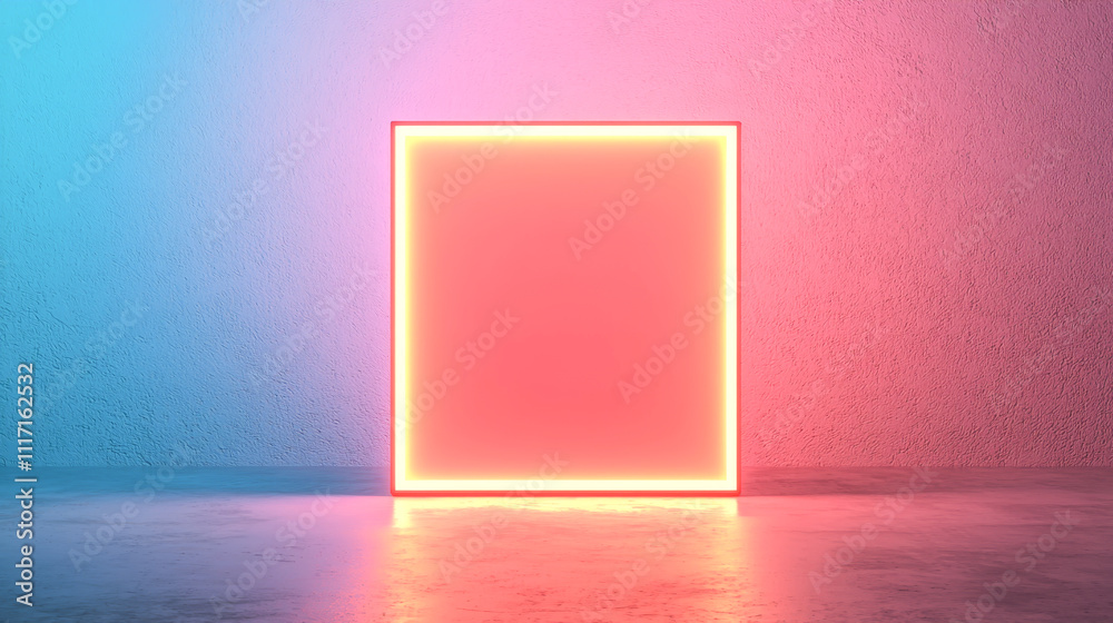 A vibrant neon light frame glowing against a colorful gradient background. A vibrant neon light frame glowing against a colorful gradient background.