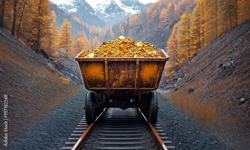 A mining cart filled with gold sits on railway tracks in a forest.