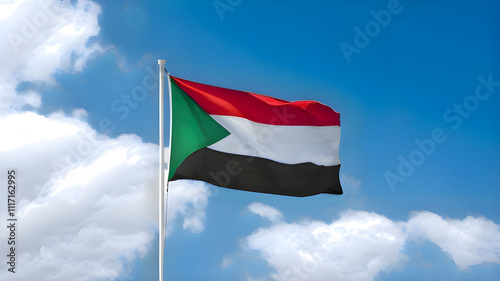 Sudan National Flag Waving Proudly Under a Clear Blue Sky – Celebrating Independence Day, Victory Day, and Honoring Sudanese Culture, Heritage, and National Unity photo