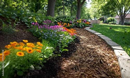 A vibrant flower garden along a winding path in a park setting.