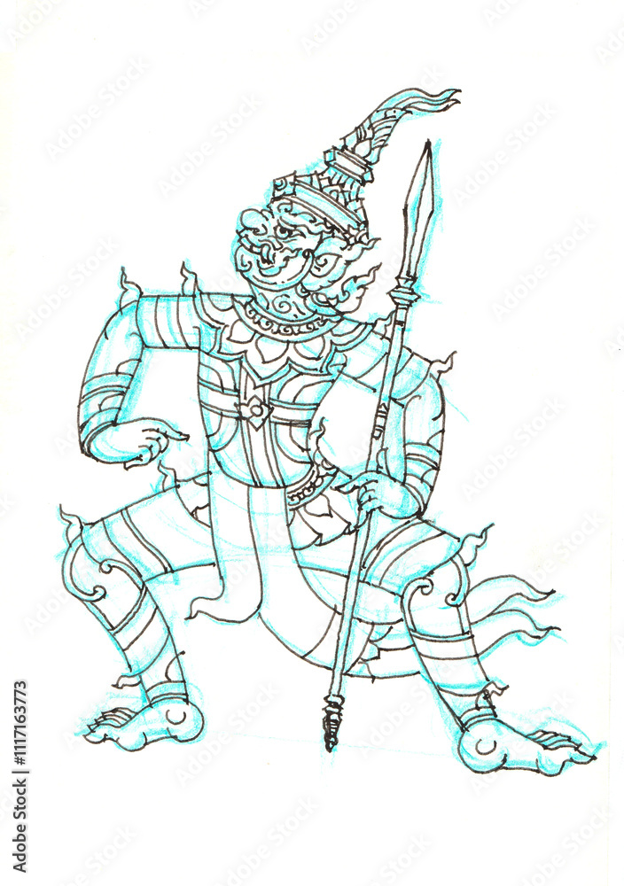 Fototapeta premium Giant in Thai art posing with weapon pen drawing for card decoration illustration