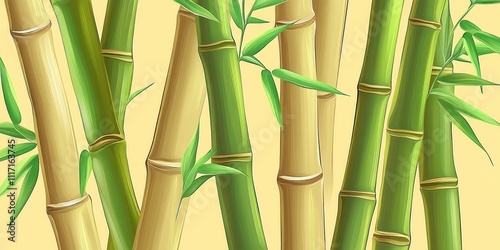 A vibrant illustration of bamboo stalks and leaves against a light background.