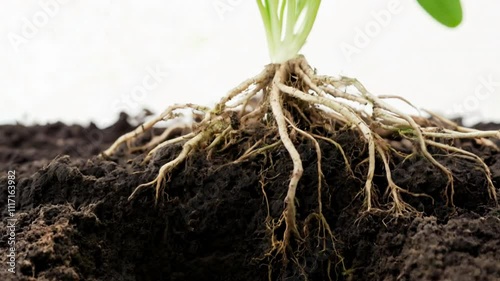 Plant Roots in Soil: Close-up view of a vibrant green plant's extensive root system firmly embedded in dark, rich soil.  A symbol of growth, stability, and connection to the earth. 