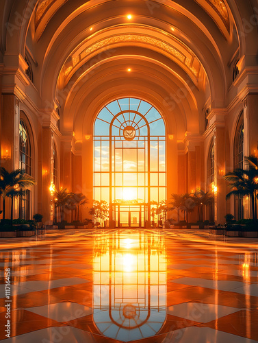 Sunlit grand hotel lobby with high arched ceiling and large window.