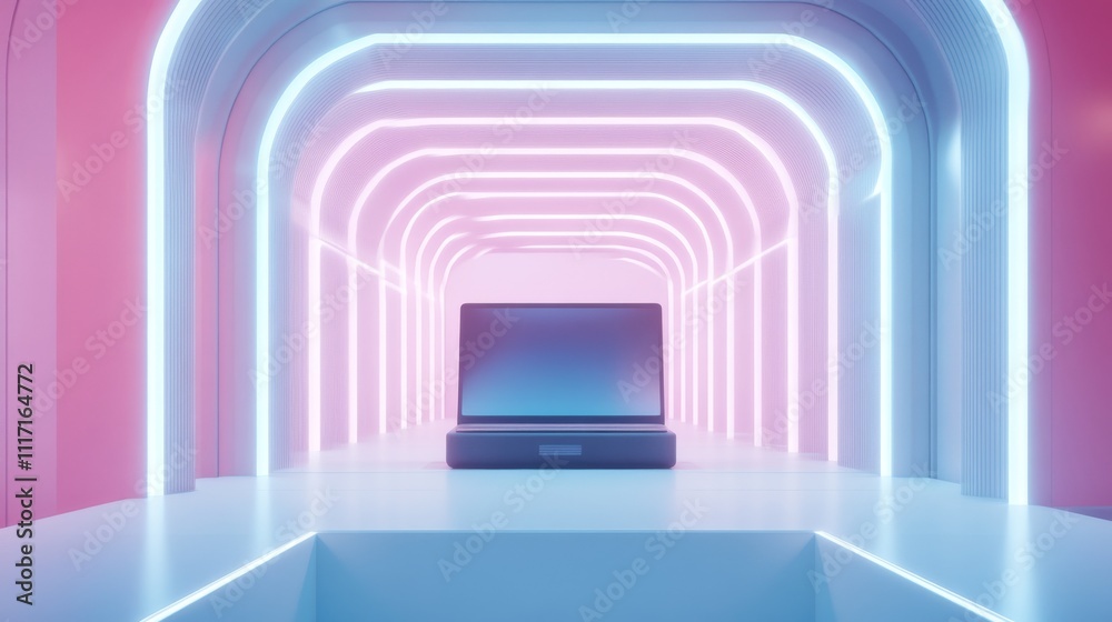 Futuristic laptop in neon glowing archway. Futuristic laptop in neon glowing archway.