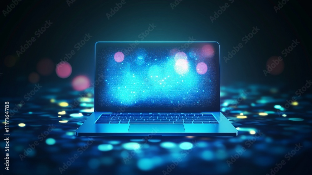 Fototapeta premium Futuristic laptop with glowing screen effects.