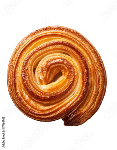 Tasty French palmier cookie isolated on a white background, viewed from the top, showcasing its flaky layers.