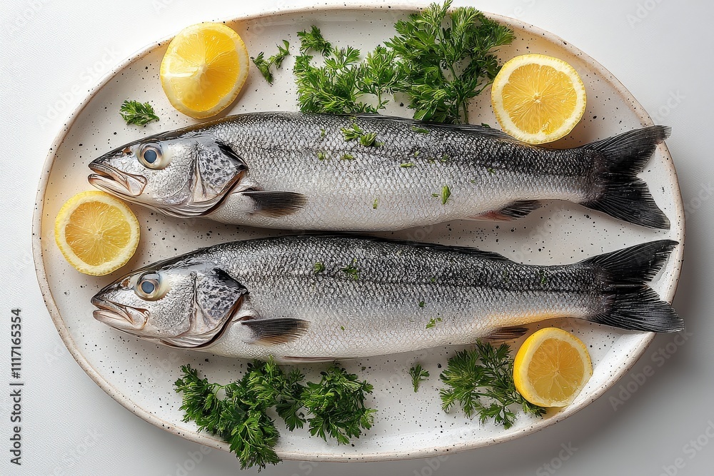 Two whole fish garnished with lemon slices and parsley on a white plate. Two whole fish garnished with lemon slices and parsley on a white plate.