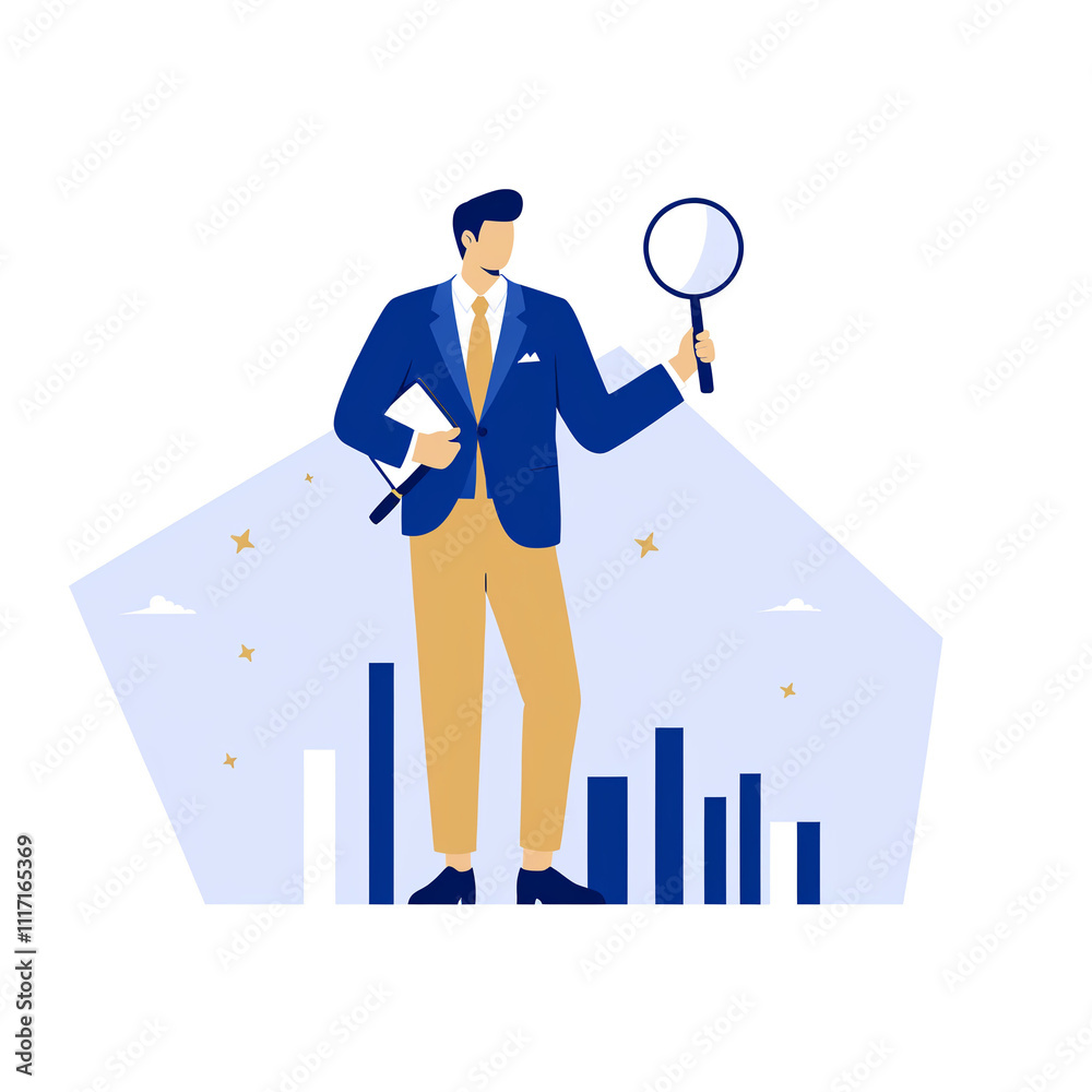 Obraz premium Businessman with magnifier investigating risks, root causes, and critical failures, highlighting incident management and problem-solving with an exclamation sign.