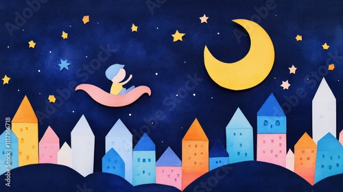 Dreamy Night Adventure with a Child Flying on a Magic Carpet Over a Colorful Cityscape Under a Starry Sky Filled with Twinkling Stars and a Bright Yellow Moon