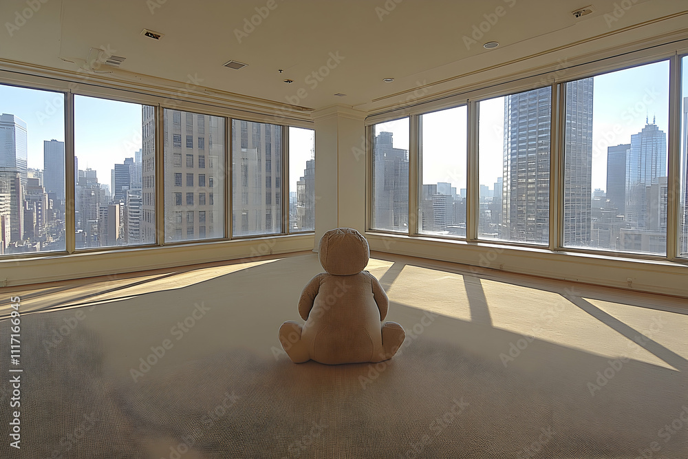 Teddy bear in empty luxury apartment overlooking cityscape. Teddy bear in empty luxury apartment overlooking cityscape.