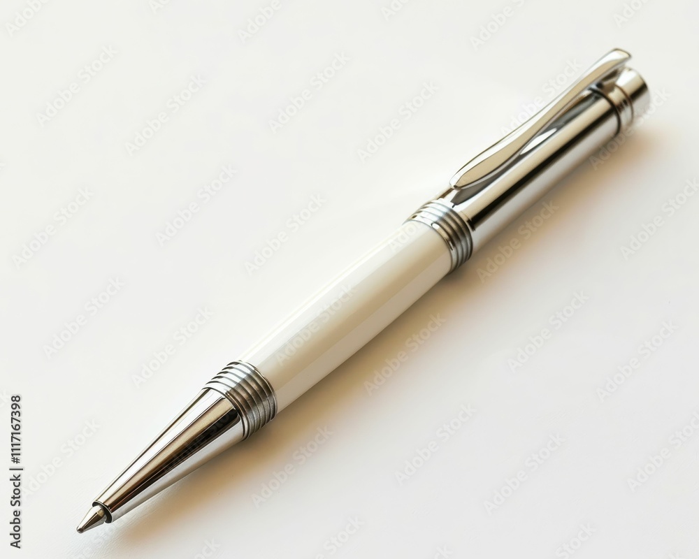 A sleek, metallic pen with a white barrel, ideal for writing and professional use, set against a plain background.
