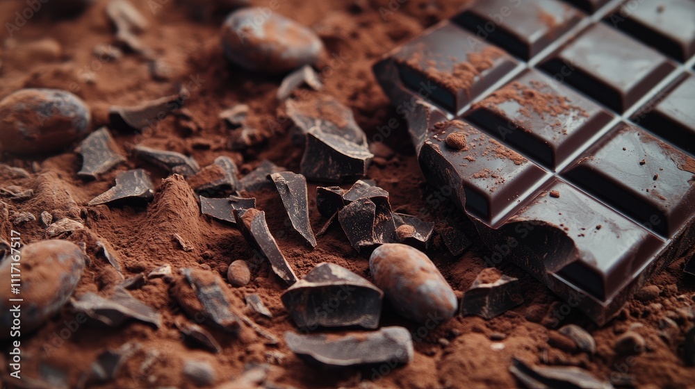 Rich Chocolate Bar with Cocoa Powder and Chunks on Dark Surface Rich Chocolate Bar with Cocoa Powder and Chunks on Dark Surface